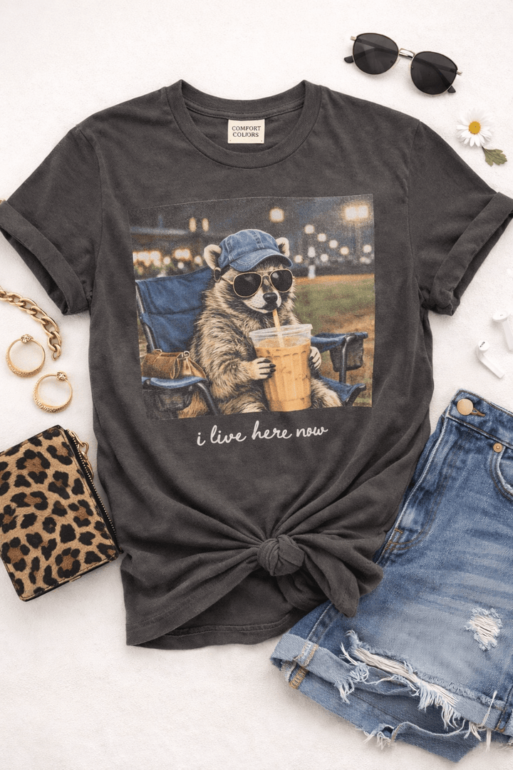 Plus/Reg Short Sleeve "I Live Here Now" Baseball Graphic Tee - Freckled Poppy