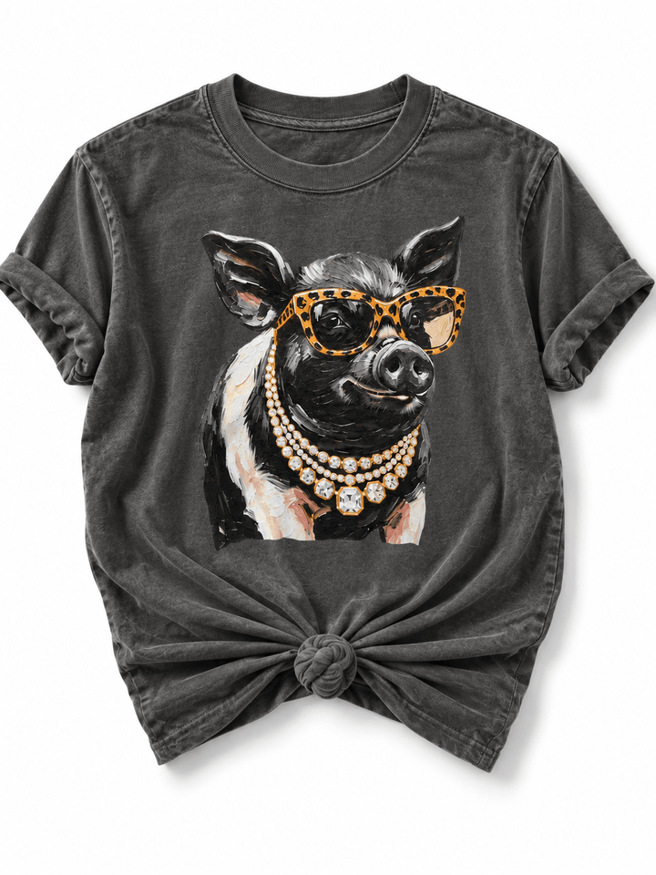 Plus/Reg Short Sleeve Glam Pig Graphic Tee - Freckled Poppy