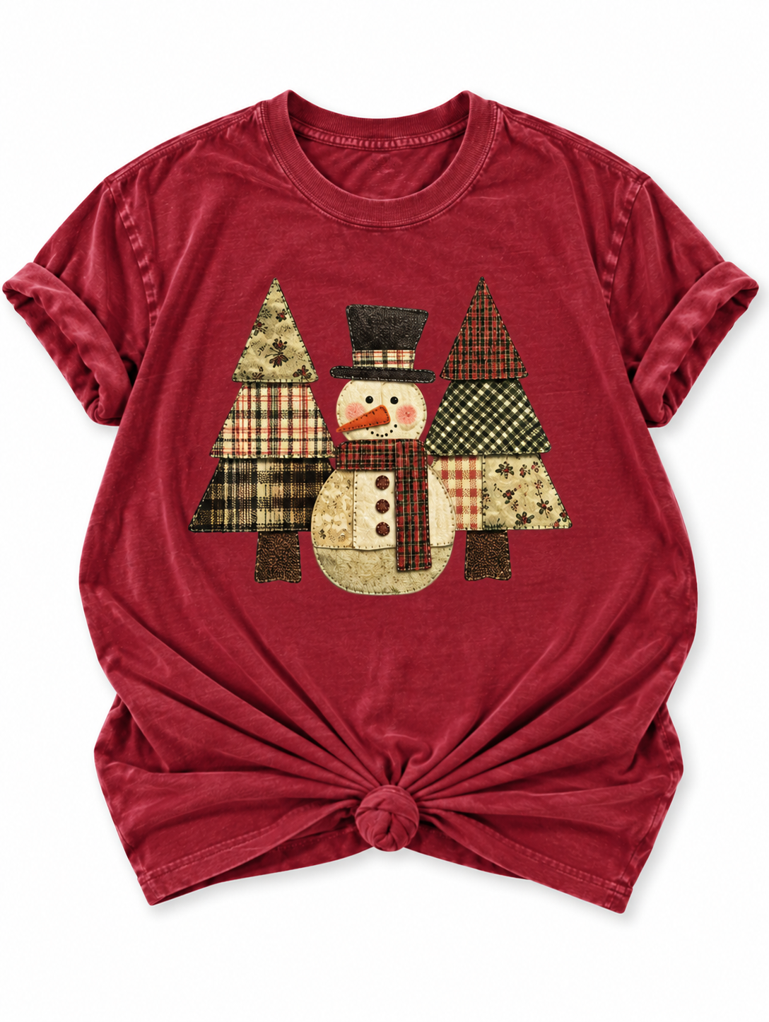 Plus/Reg Short Sleeve Patchwork Christmas Trees and Snowman Graphic Tee