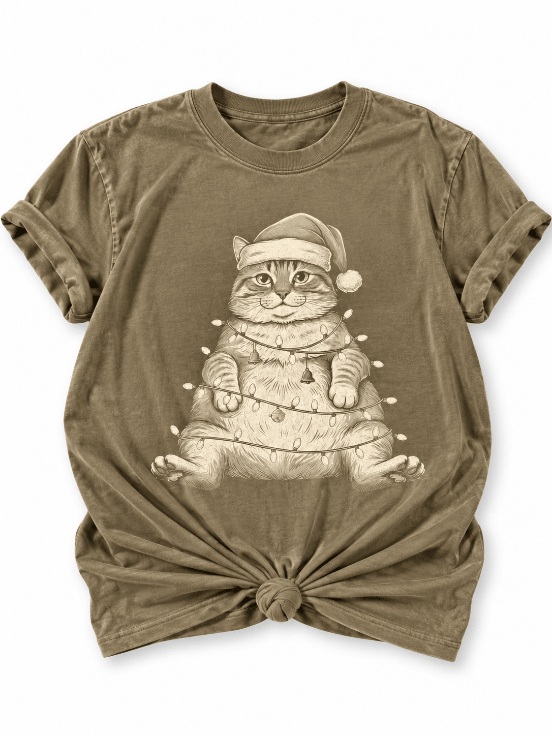 Plus/Reg Short Sleeve Chunky Christmas Lights Cat Graphic Tee - Freckled Poppy