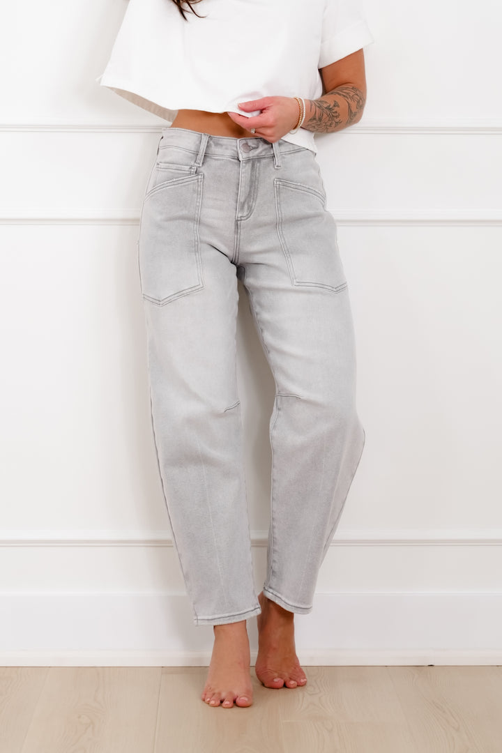 Restock! Risen The Stormi High Rise Grey Barrel Jeans with Patch Pockets - Freckled Poppy