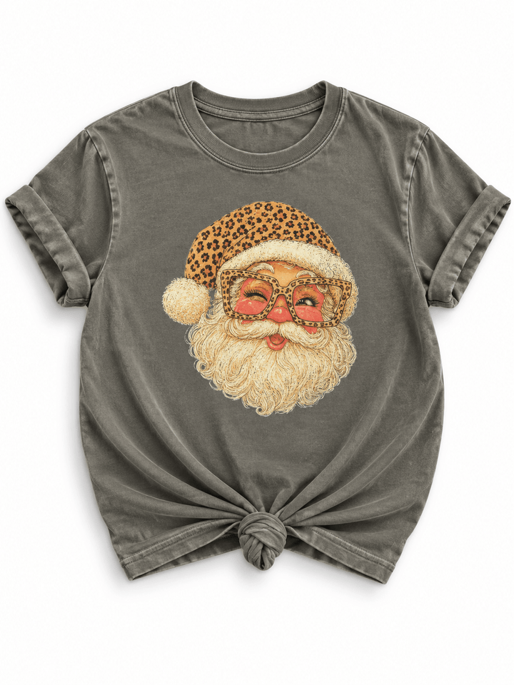 Plus/Reg Short Sleeve Leopard Santa Christmas Graphic Tee - Freckled Poppy