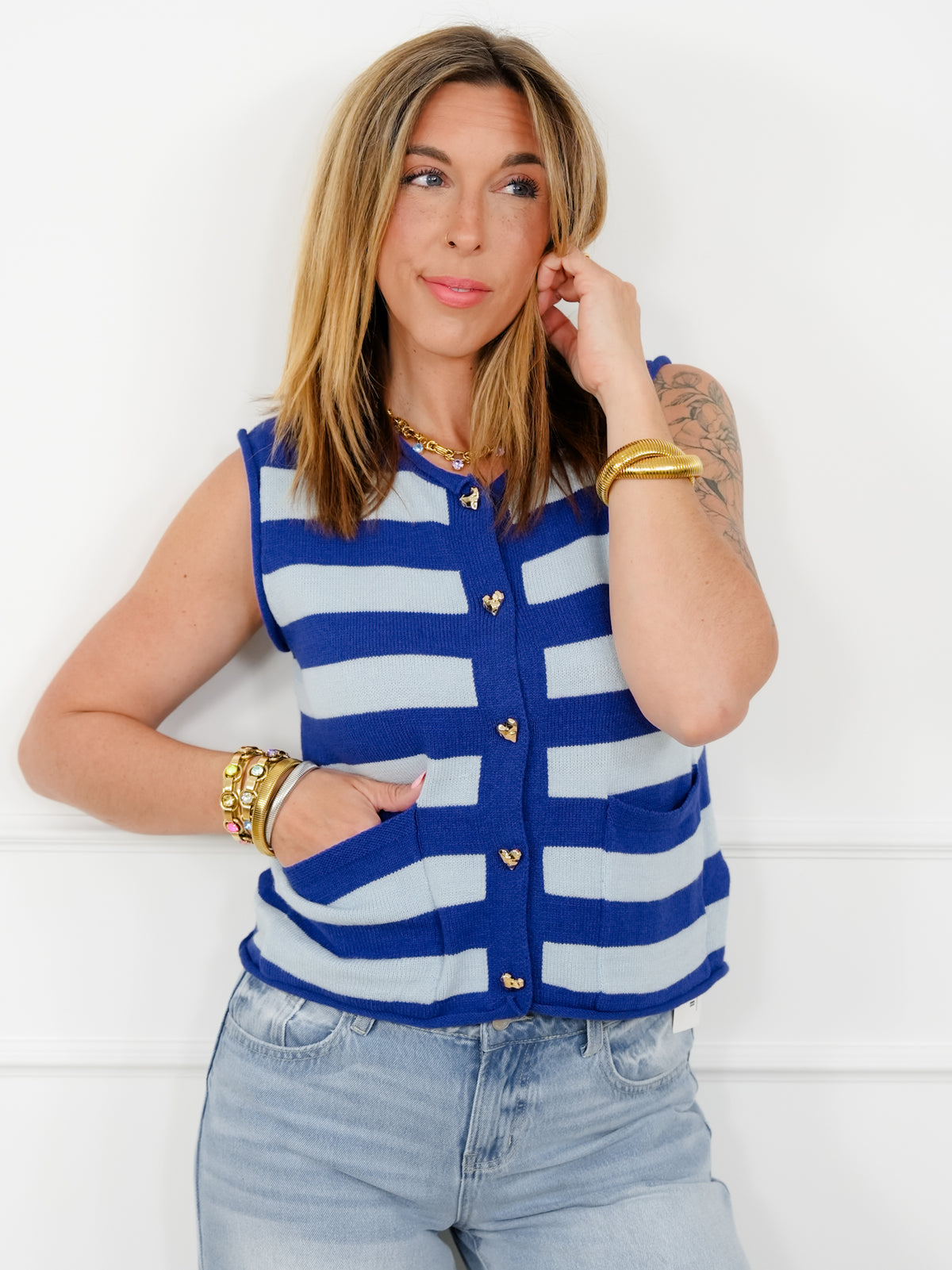 Stripe Sweater Vest with Heart Buttons - Freckled Poppy
