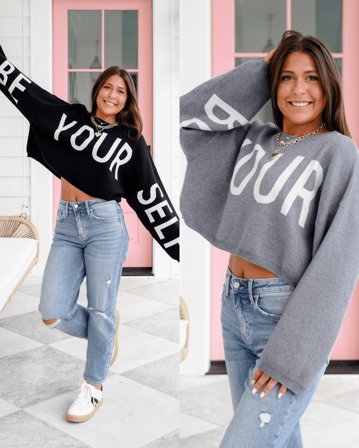 Plus/Reg Long Sleeve "Be Your Self" Cropped Sweater - Freckled Poppy