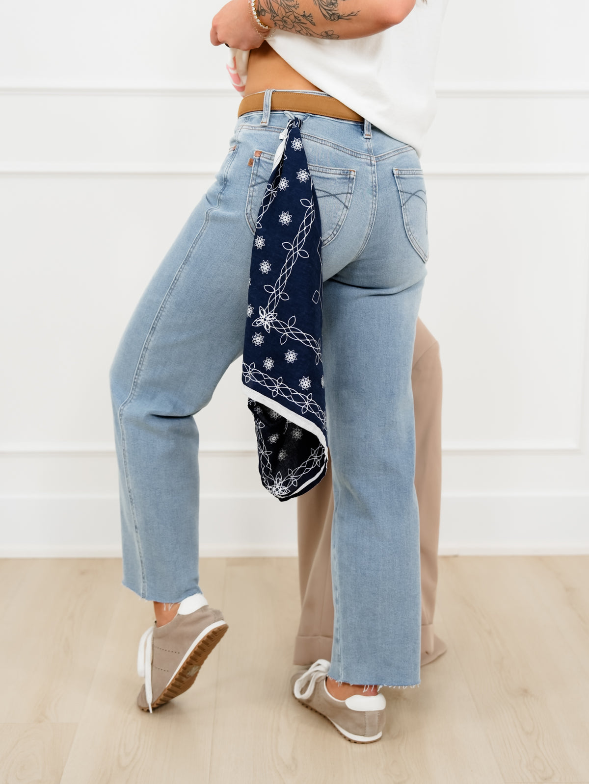 Judy Blue Mid Rise Medium Wash Straight Leg Ankle Jeans with Bandana Loop - Freckled Poppy