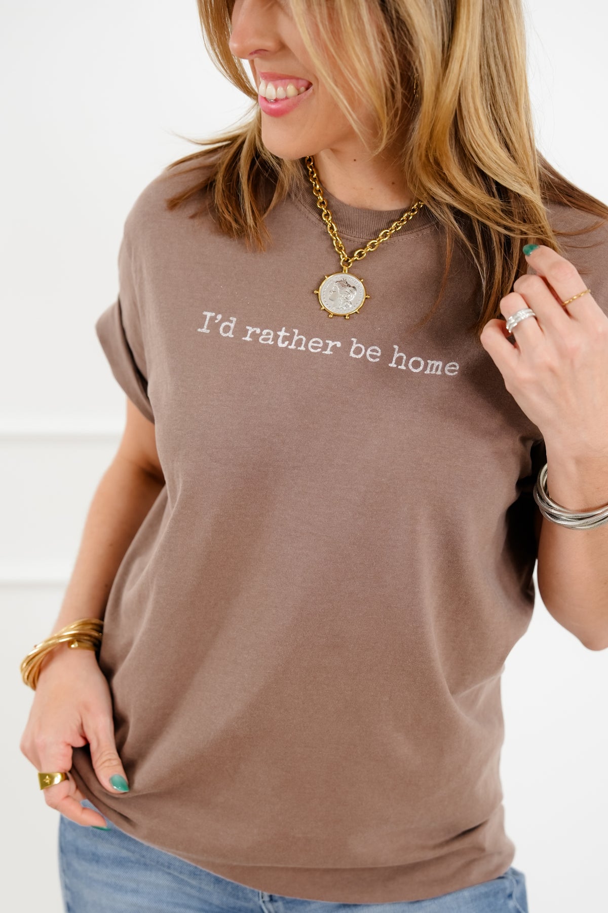 Plus/Reg Short Sleeve "I'd Rather Be Home" Graphic Tee - Freckled Poppy