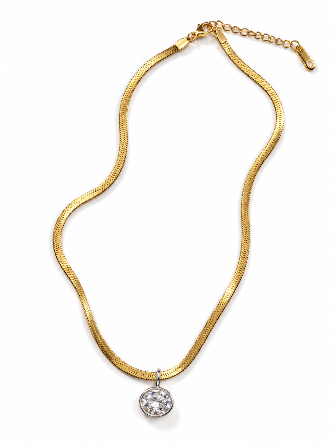 Gold Herringbone Blade Chain With Oval White Pendant