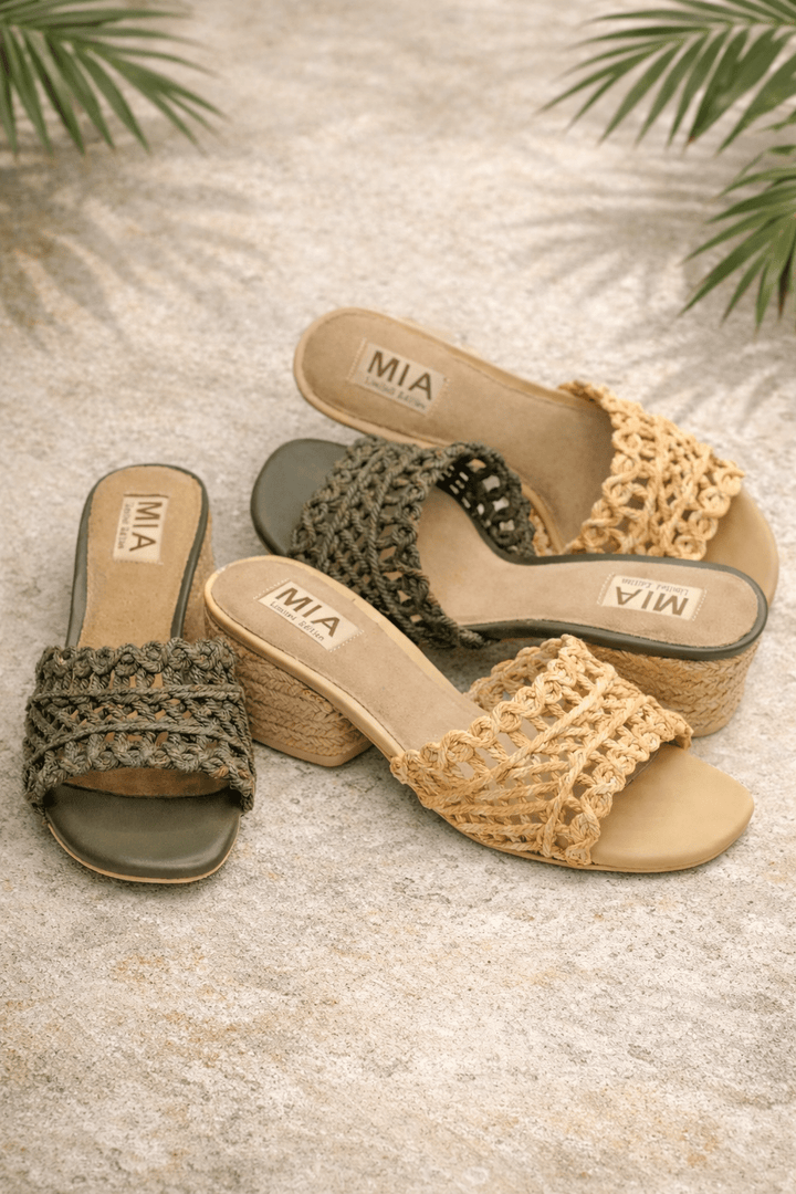 MIA Woven Raffia Strap Slide Heeled Sandals - Freckled Poppy