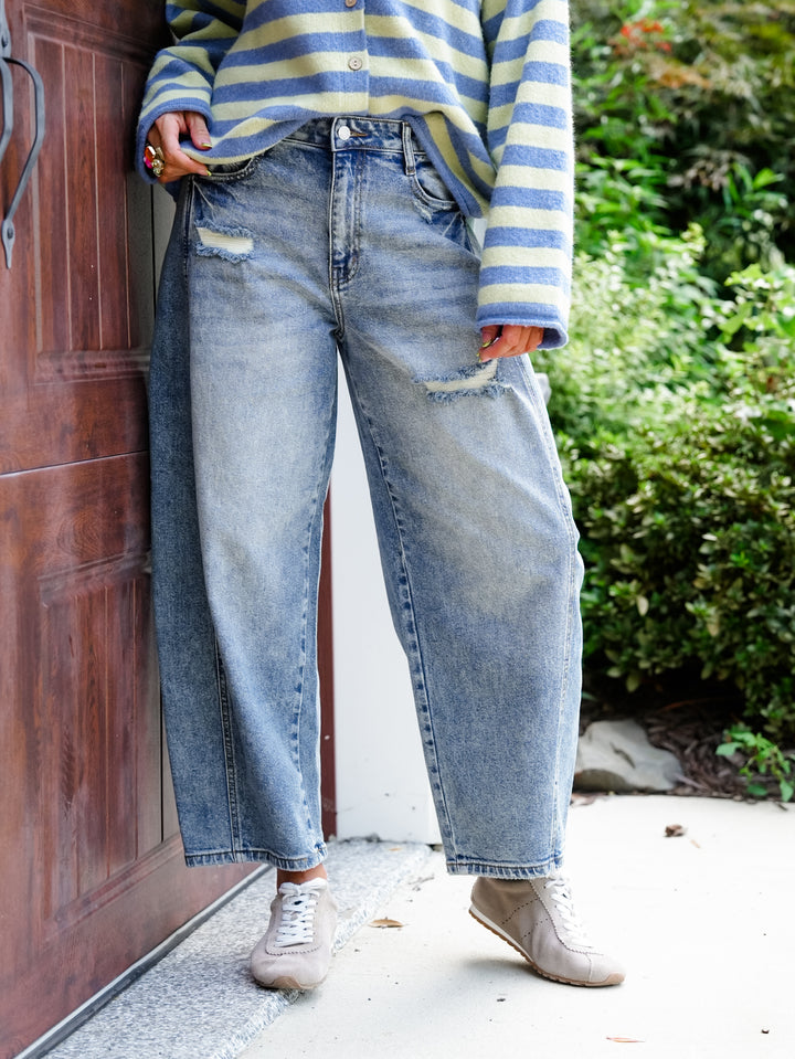 Cello High Rise Medium Wash Barrel Jeans with Side Panels - Freckled Poppy