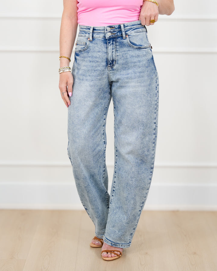 Judy Blue High Rise Light Wash Double Waist Band Marlow Arc Leg - Freckled Poppy