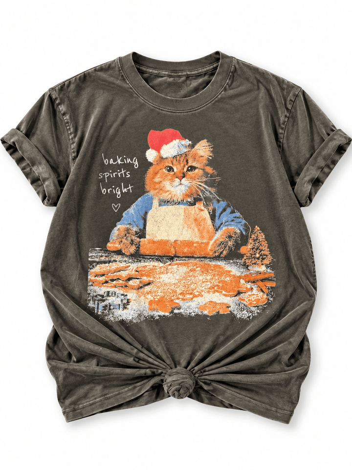 Plus/Reg Short Sleeve "Baking Spirits Bright" Cat Graphic Tee - Freckled Poppy