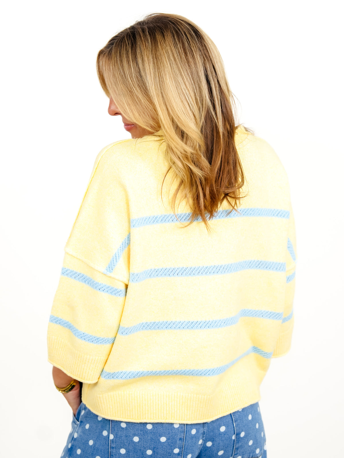 Stripe 3/4 Sleeve Crew Neck Pullover Sweater - Freckled Poppy