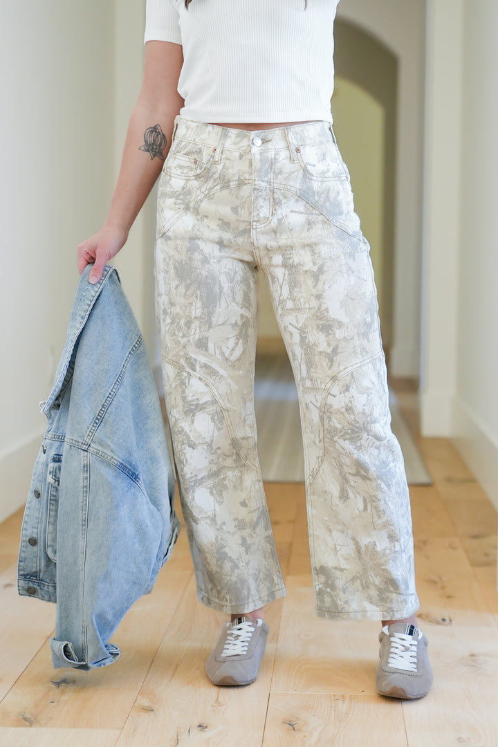 Restock! Saige High Rise Sand Tummy Control Barrel Camo Jeans - Freckled Poppy