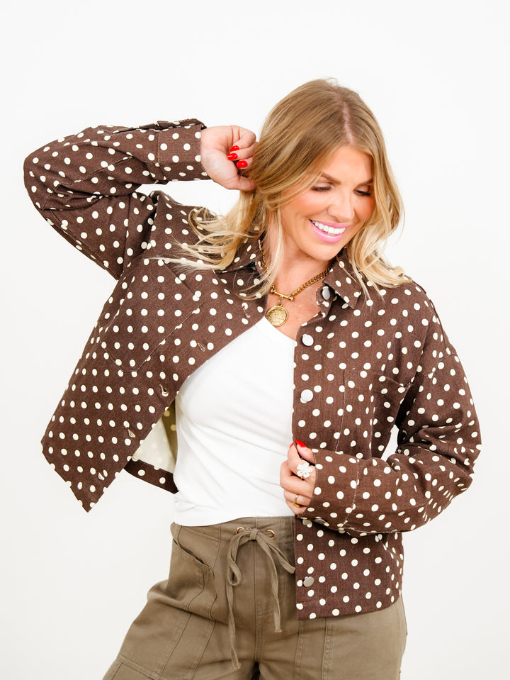 Brown Polka Dot Long Sleeve Button Down Jacket - Freckled Poppy