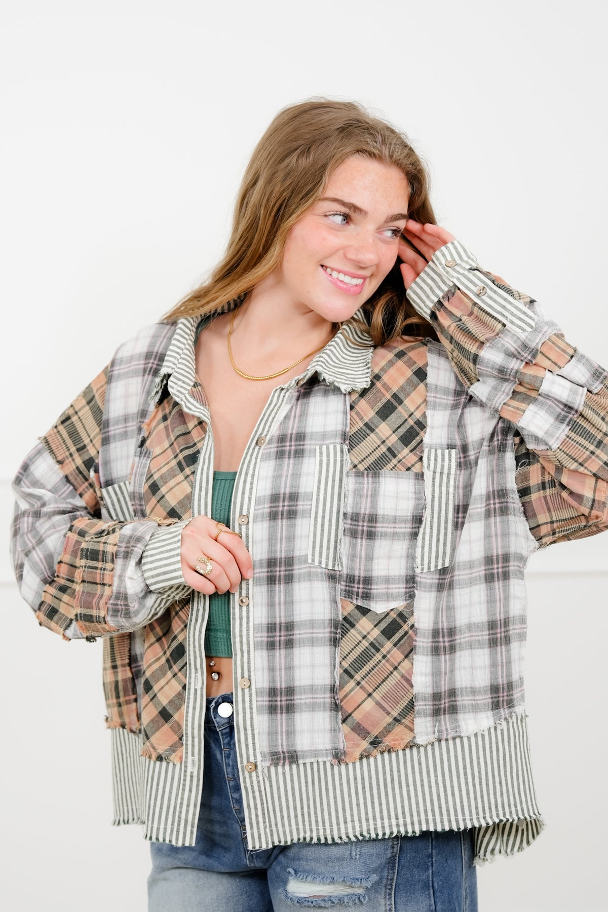 Plaid Pattern Long Sleeve Button Up Top - Freckled Poppy