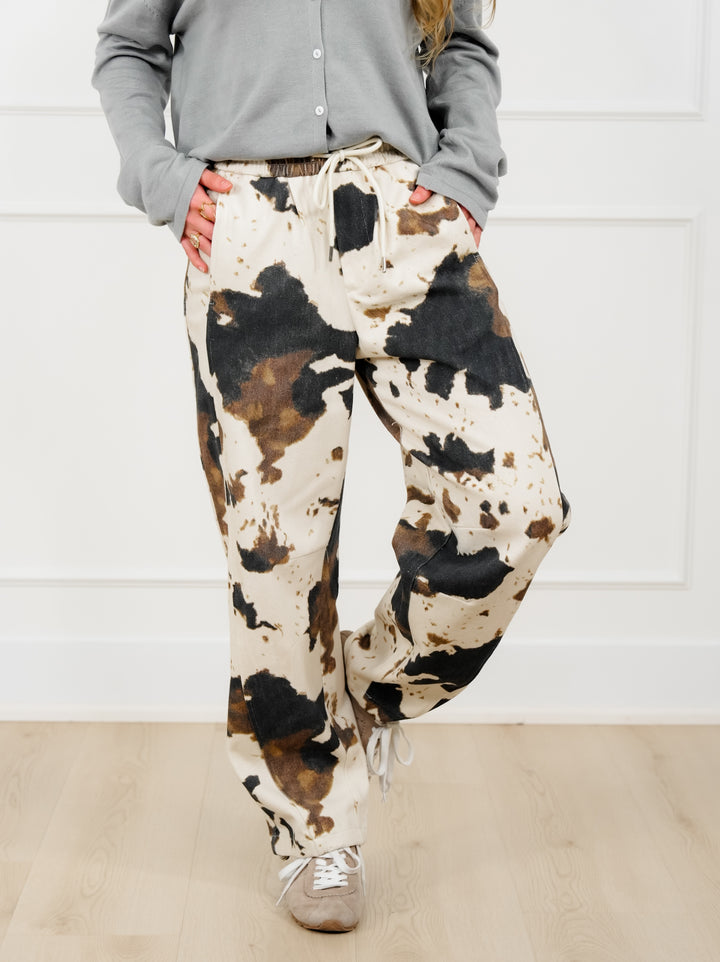 Plus/Reg Cow Print Elastic Waist Barrel Pants - Freckled Poppy