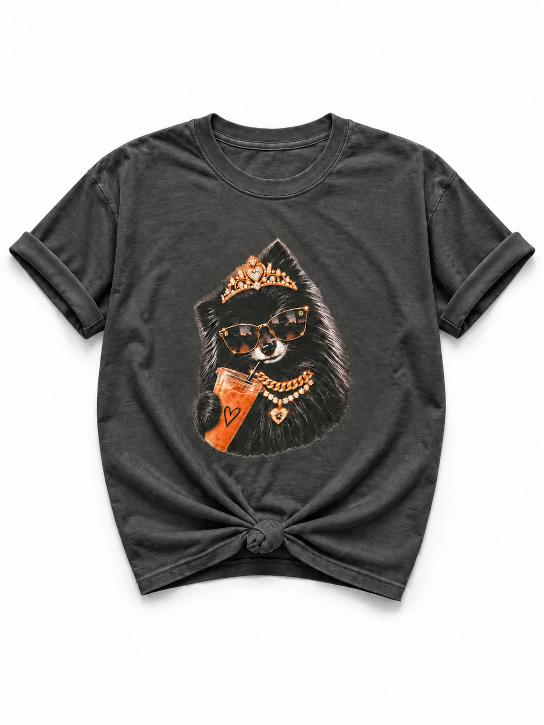 Plus/Reg Short Sleeve Glam Pomeranian Drinking Ice Coffee Graphic Tee