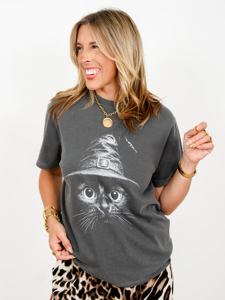 Plus/Reg Short Sleeve Cat Witch Graphic Tee - Freckled Poppy