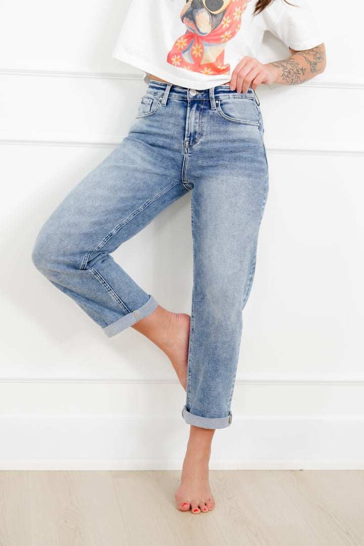 Restock! Risen High Rise Medium Wash Boyfriend Jeans - Freckled Poppy