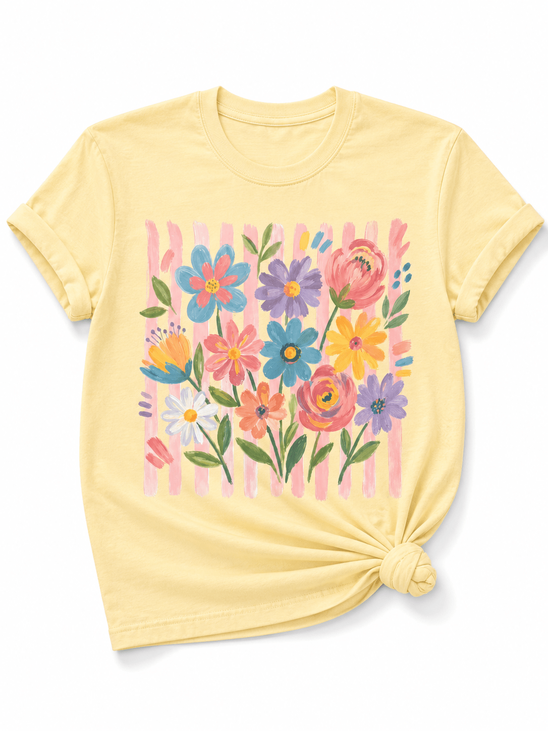 Plus/Reg Short Sleeve Watercolor Florals and Stripes Graphic Tee - Freckled Poppy