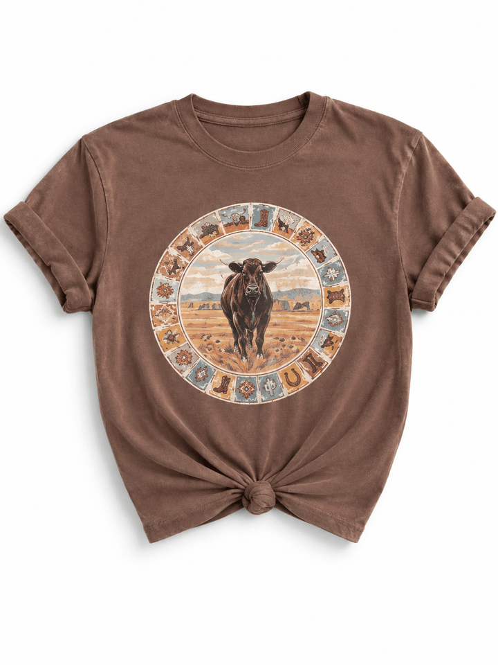 Plus/Reg Short Sleeve Cow and Stamps Western Graphic Tee - Freckled Poppy
