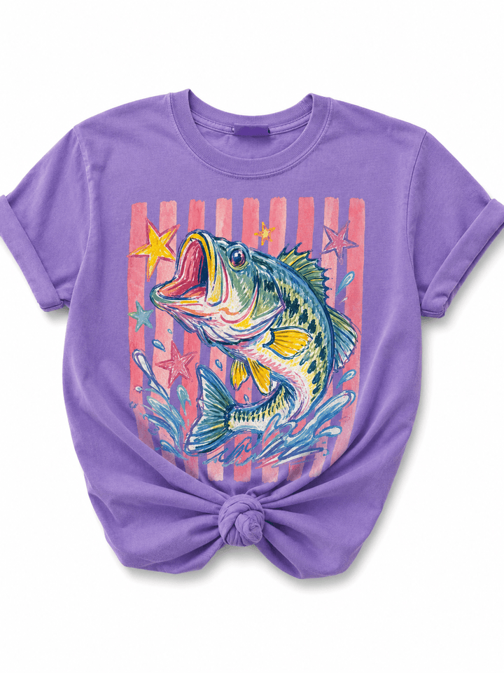 Plus/Reg Short Sleeve Sicilian Stripe Colorful Bass Graphic Tee - Freckled Poppy