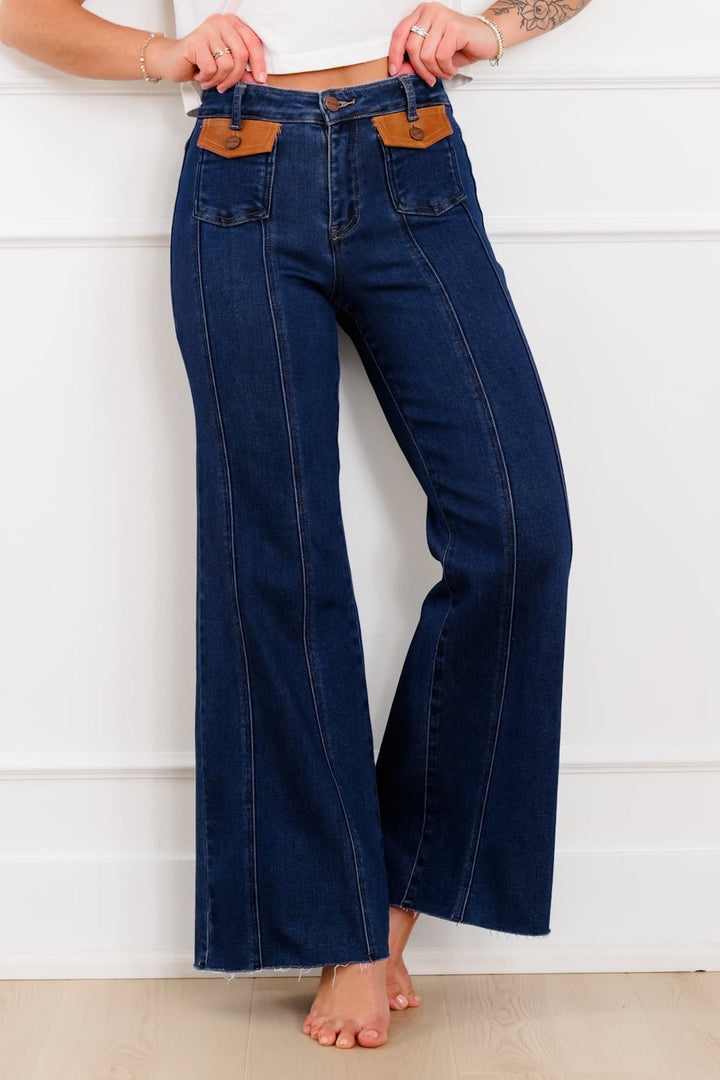 Risen High Rise Dark Wash Wide Flare Jeans with Leather Pocket Flap - Freckled Poppy