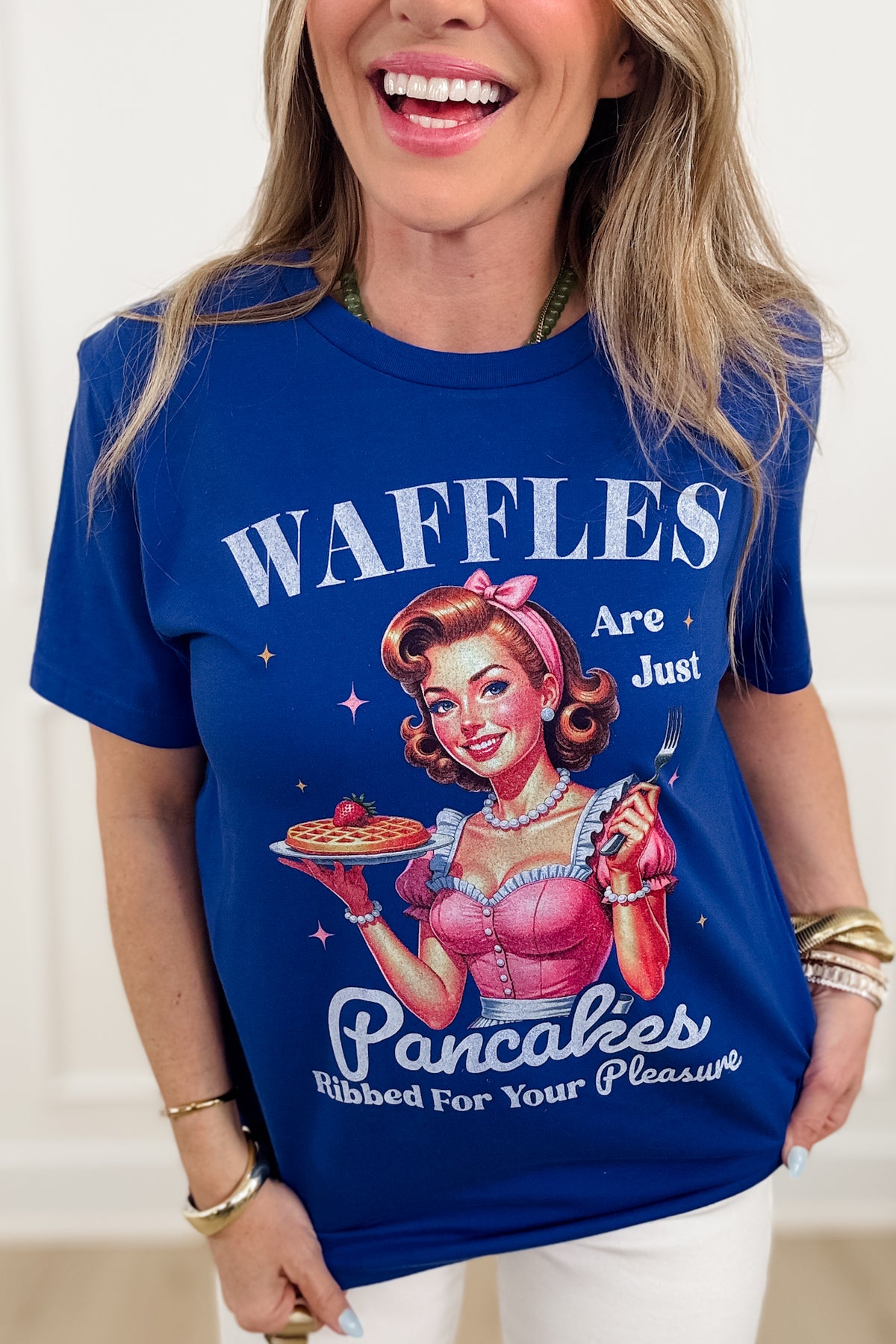 Plus/Reg Short Sleeve "Waffles Are Just Pancakes... " Graphic Tee - Freckled Poppy