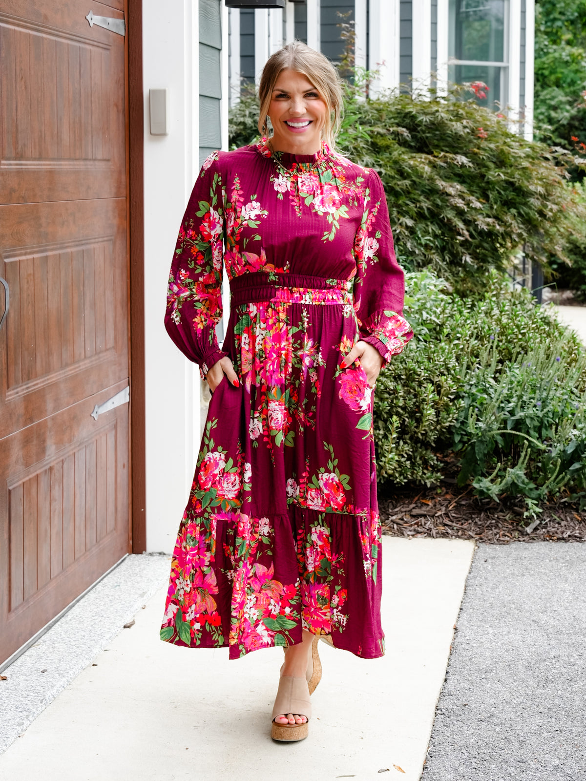 Plus/Reg Floral Print Long Sleeve Elastic Waist Midi Dress