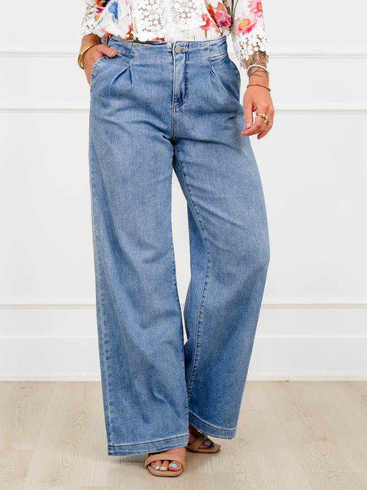 Risen Mid Rise Medium Wash Relaxed Waist Wide Leg Jeans - Freckled Poppy