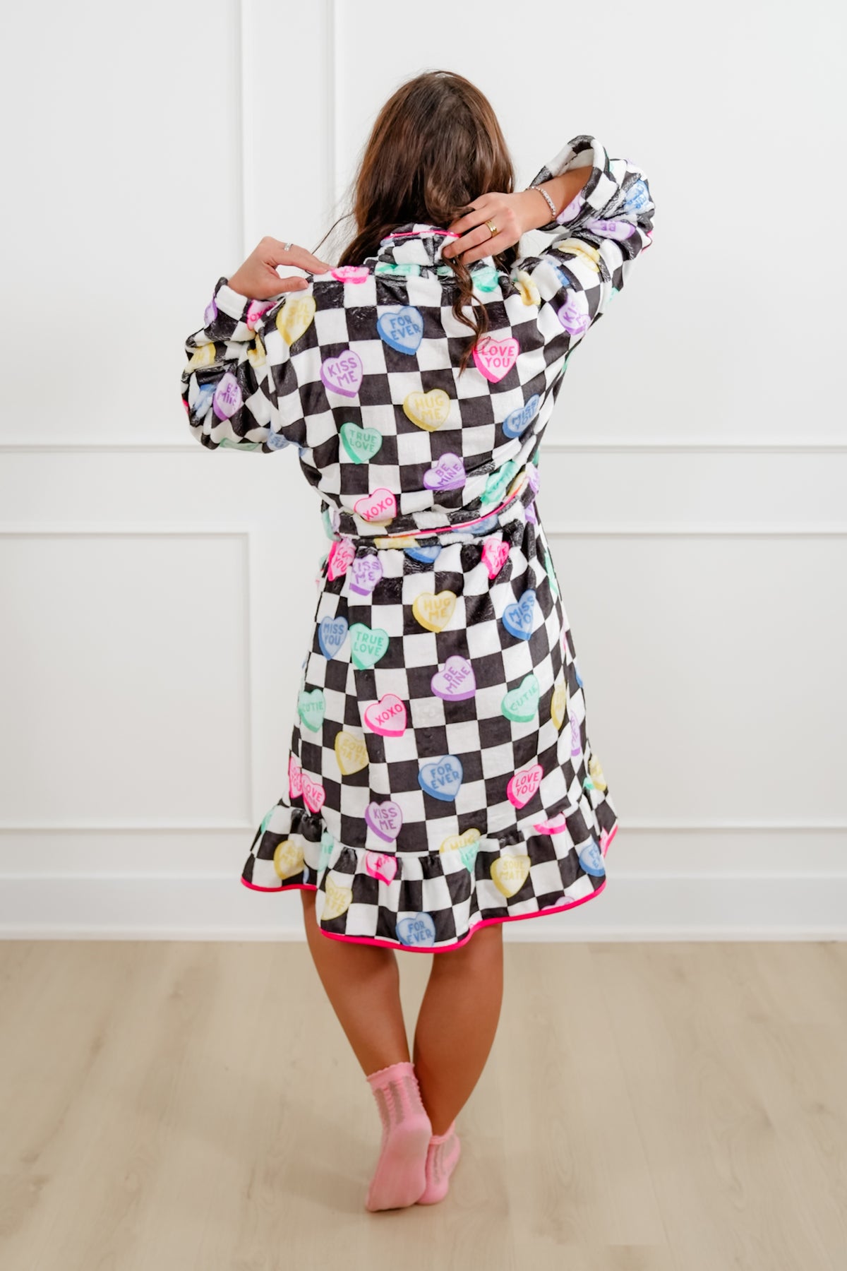 Plus/Reg Checkered Conversation Hearts Print Lounge Robe - Freckled Poppy
