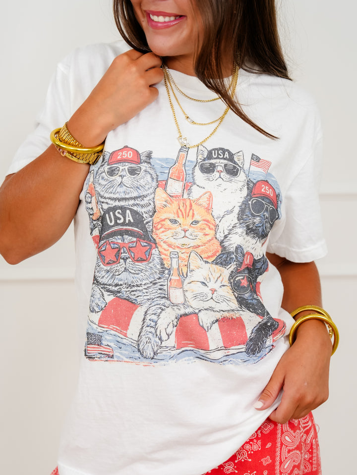 Plus/Reg Short Sleeve American Cats Graphic Tee - Freckled Poppy