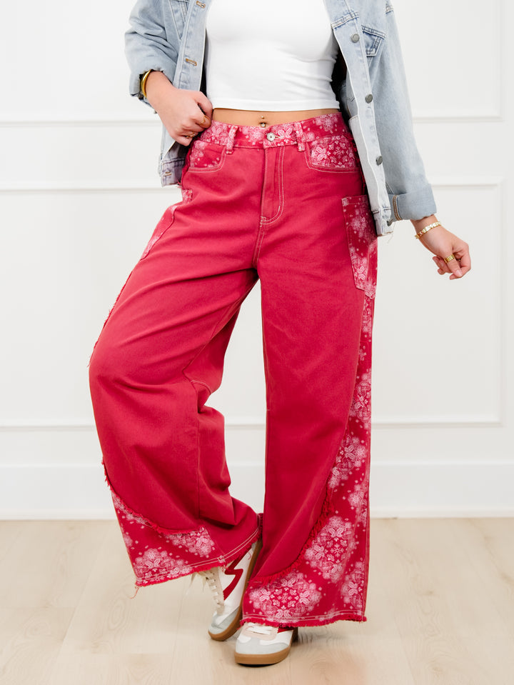POL Red High Waist Wide Leg Pants with Paisley Print - Freckled Poppy