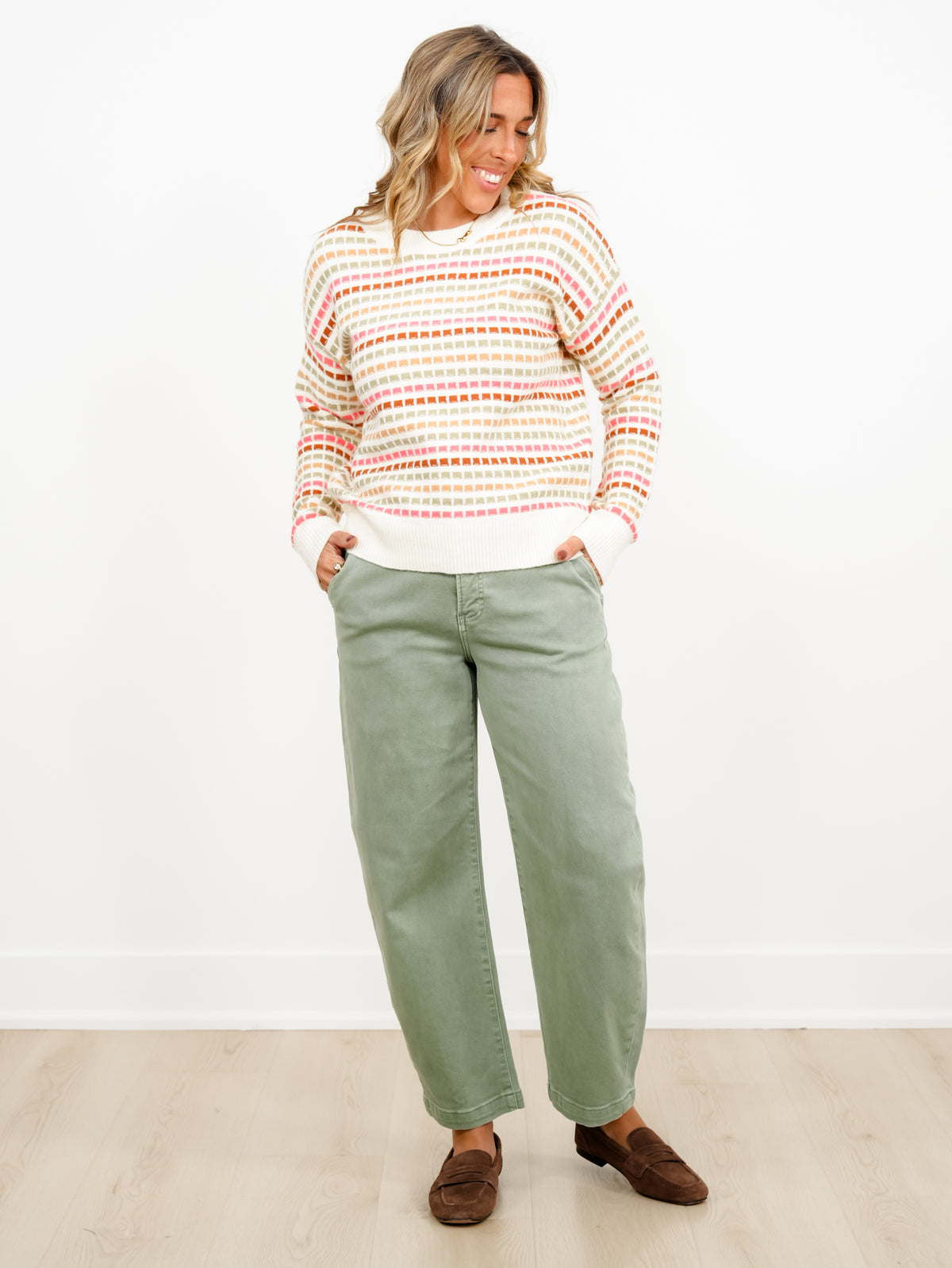 Multi Color Stripe Textured Long Sleeve Pullover Sweater