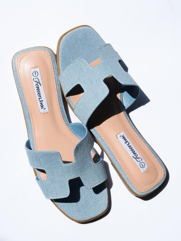 Denim H Strap Flat Slide Sandals - Freckled Poppy