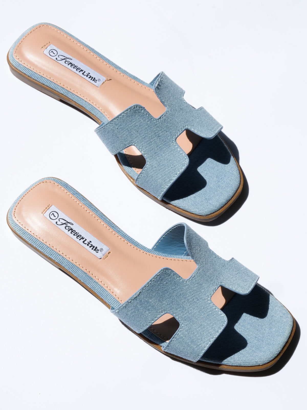 Denim H Strap Flat Slide Sandals - Freckled Poppy