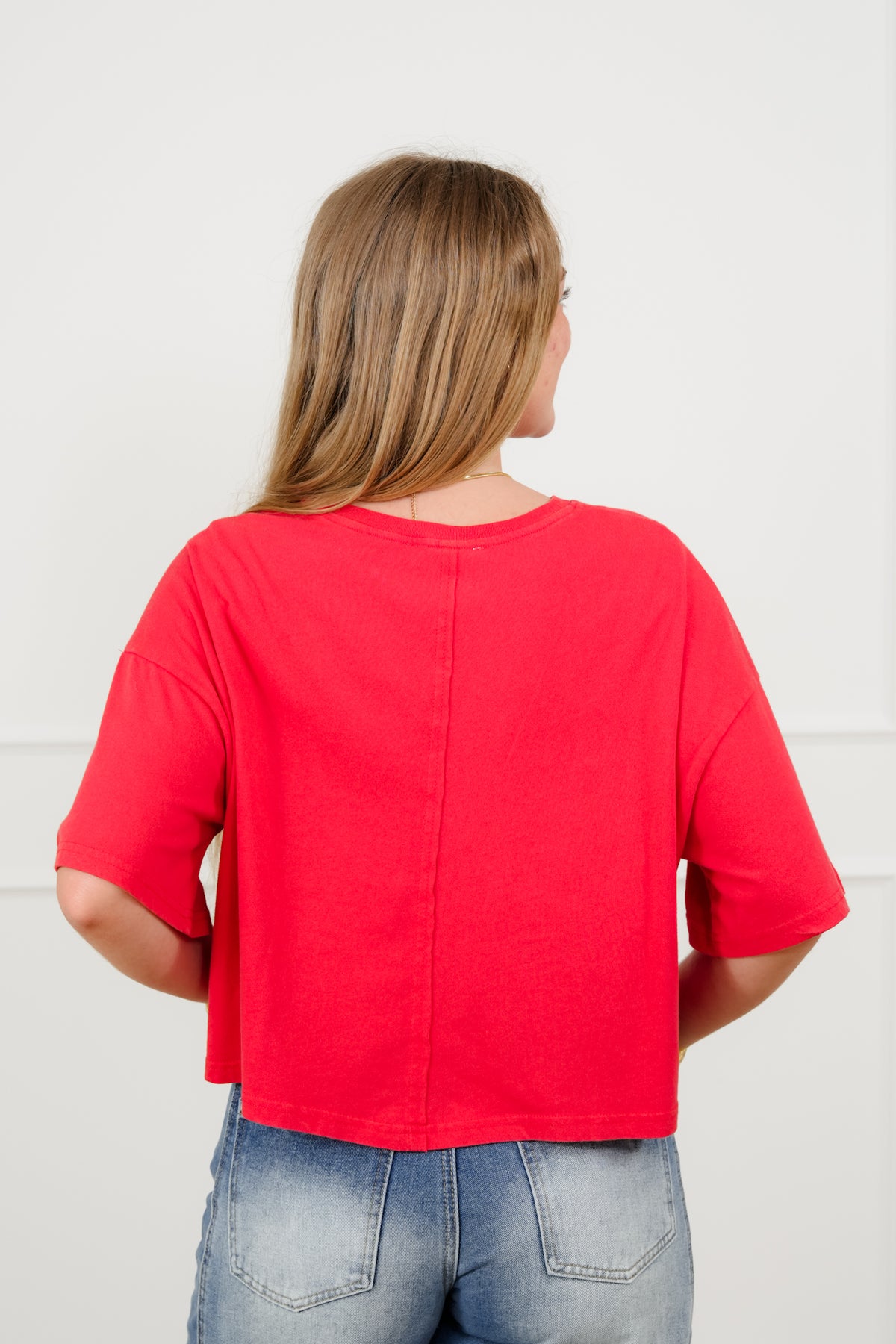 Short Sleeve Star Patch Crew Neck Top - Freckled Poppy