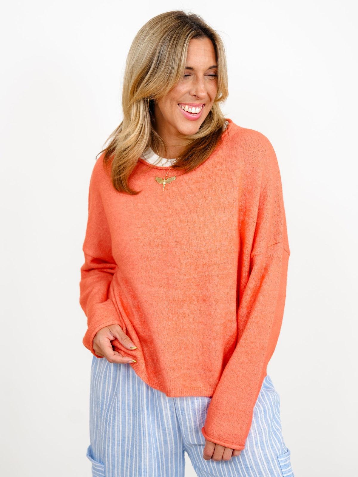 Orange Long Sleeve Drop Shoulder Pullover Sweater - Freckled Poppy