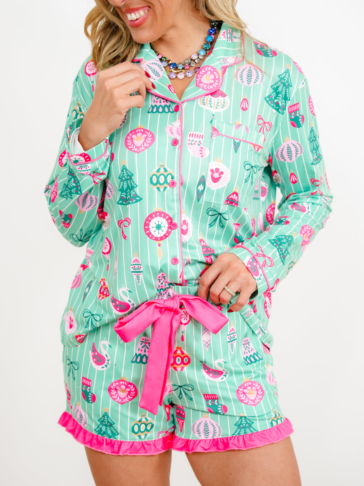 Plus/Reg JESS LEA Decked In Ornaments Top and Ruffle Shorts Lounge Set