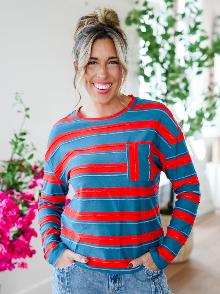 Plus/Reg Stripe Long Sleeve Crew Neck Top with Chest Pocket - Freckled Poppy