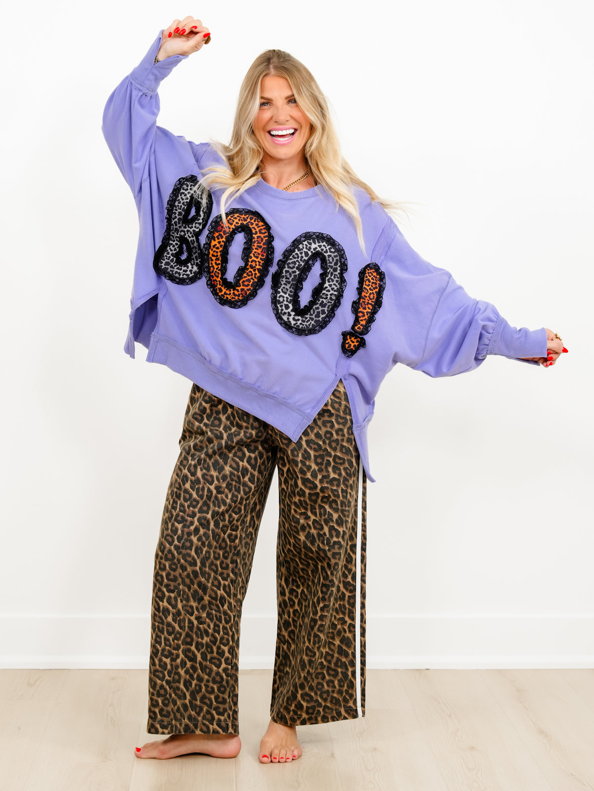 Leopard Print "Boo" Patch with Lace Detail Long Sleeve Sweatshirt - Freckled Poppy