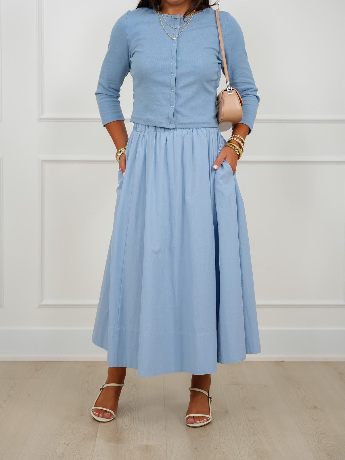 Solid Long Sleeve Button Down Cardigan And Skirt - Freckled Poppy