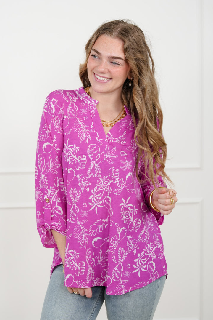 Plus/Reg Botanical print 3/4 Sleeve Tunic Top - Freckled Poppy