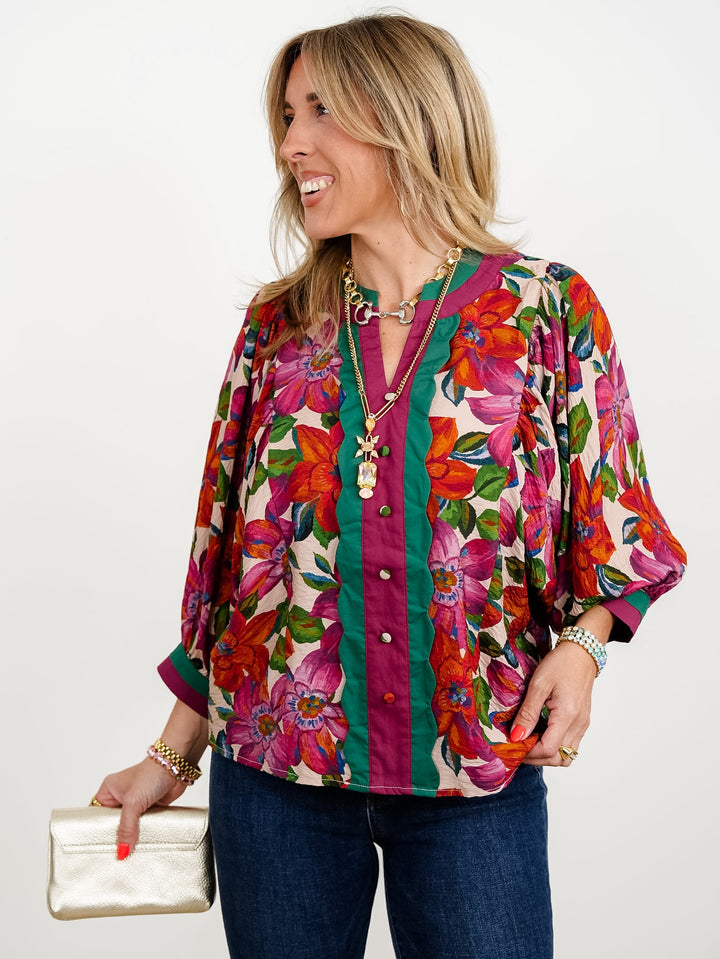 Plus/Reg Floral Printed 3/4 Sleeve Top - Freckled Poppy