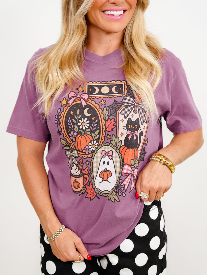 Plus/Reg Short Sleeve Antique Vibe Halloween Cat and Pumpkin Graphic Tee - Freckled Poppy