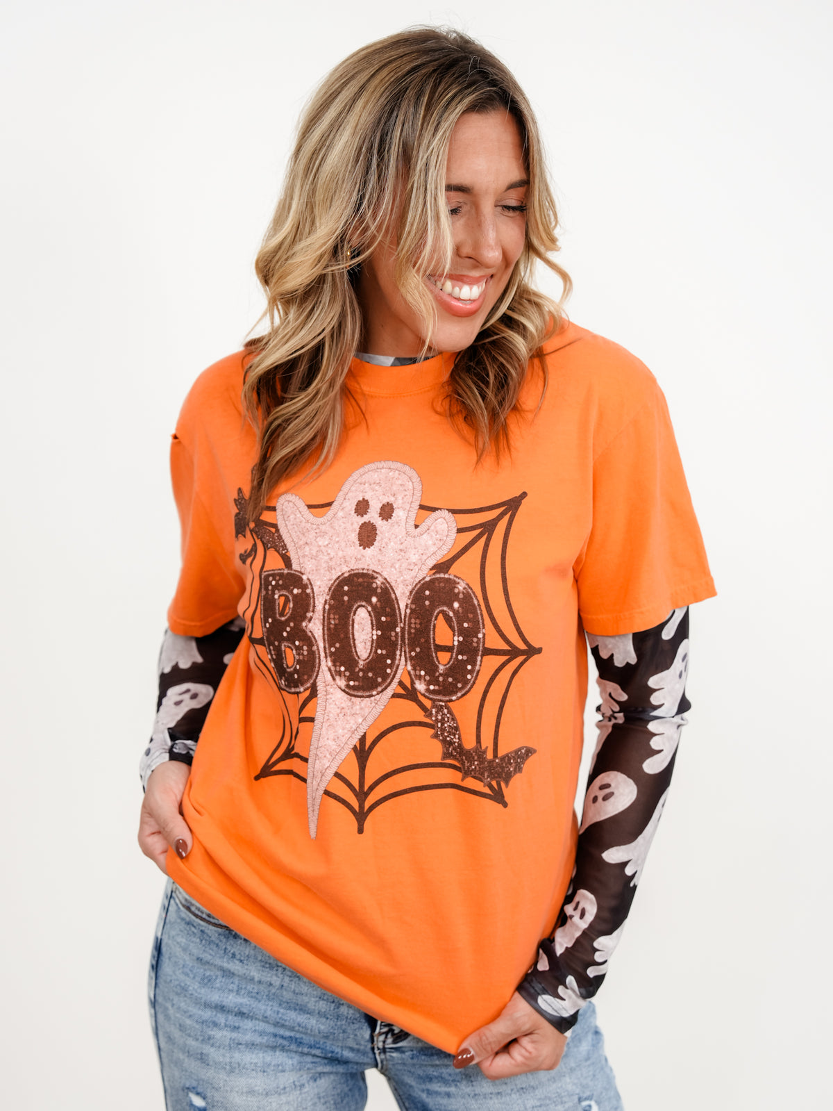 Plus/Reg Short Sleeve Boo Ghost Graphic Tee - Freckled Poppy