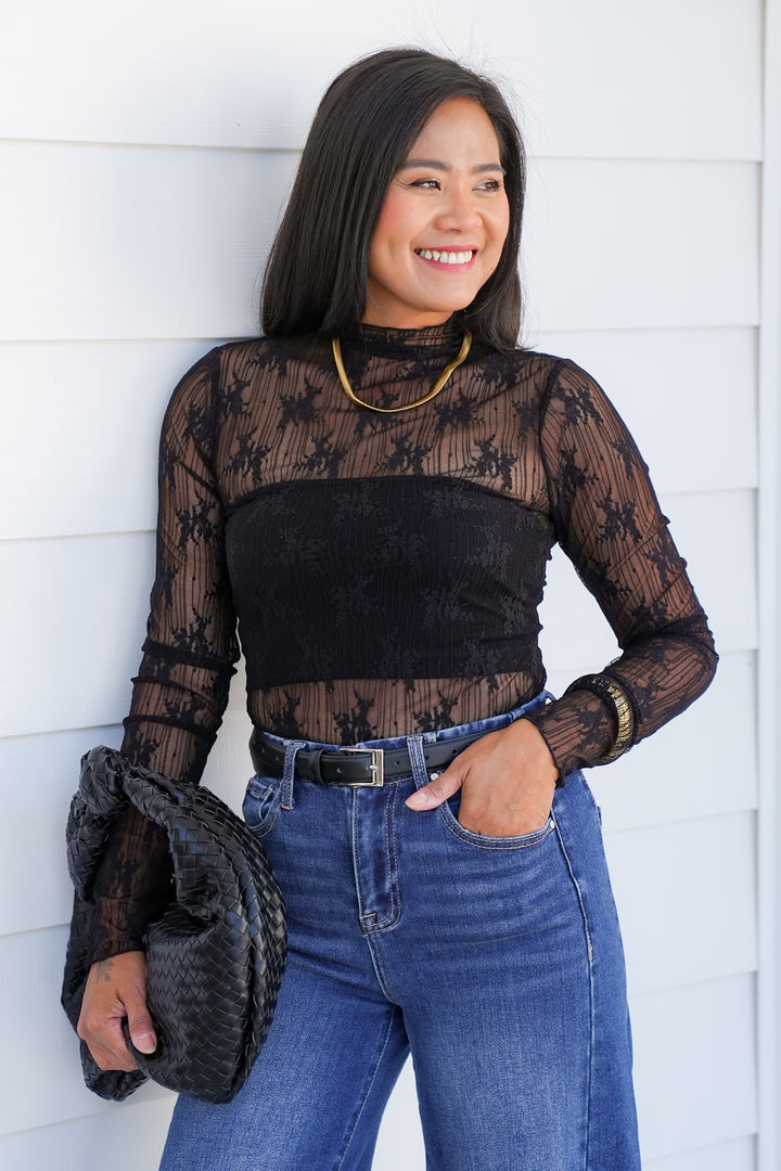 Black Floral Mesh Long Sleeve Mock Neck Top - Freckled Poppy