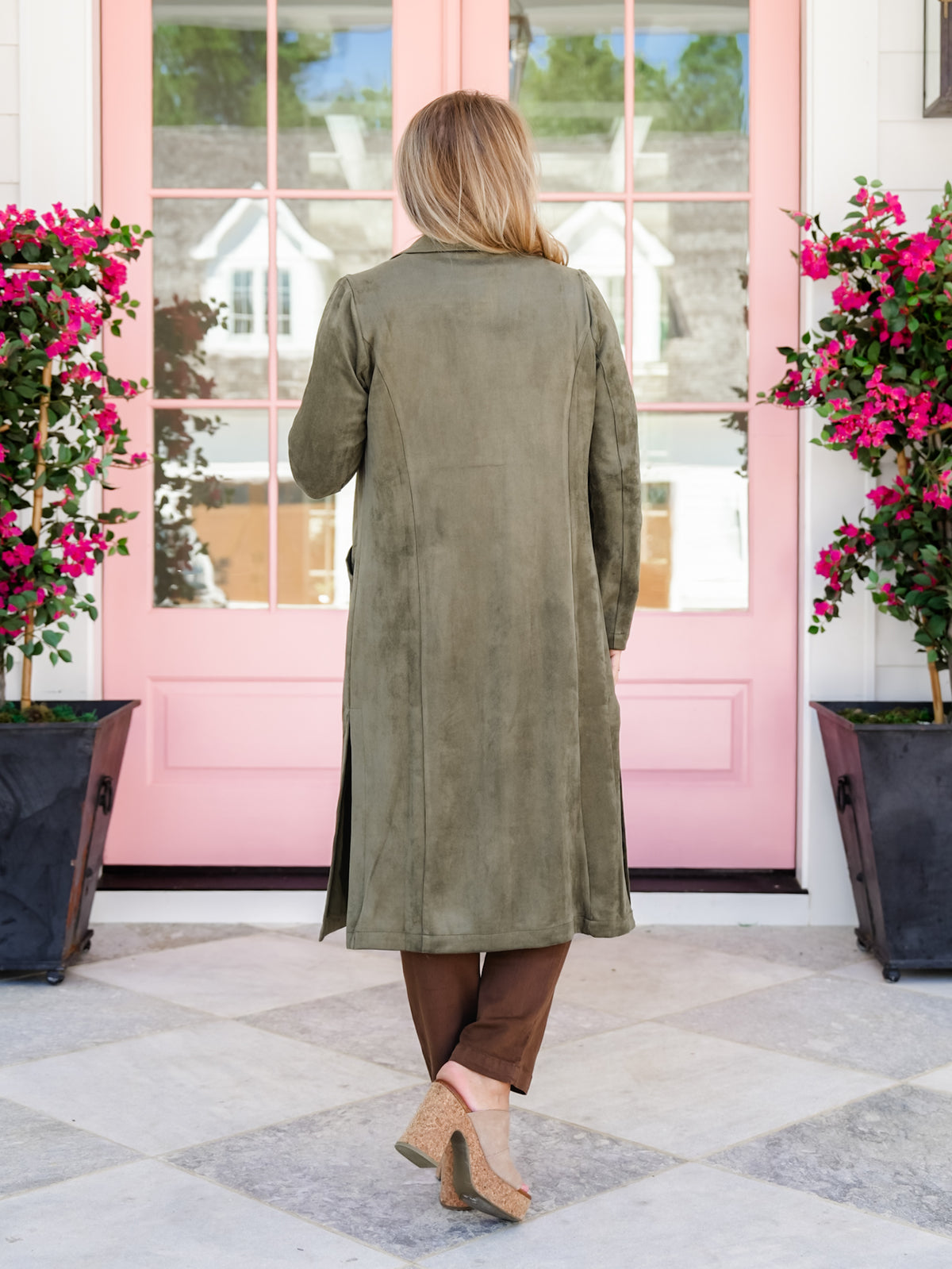 Vegan Suede Long Sleeve Open Front Long Jacket - Freckled Poppy