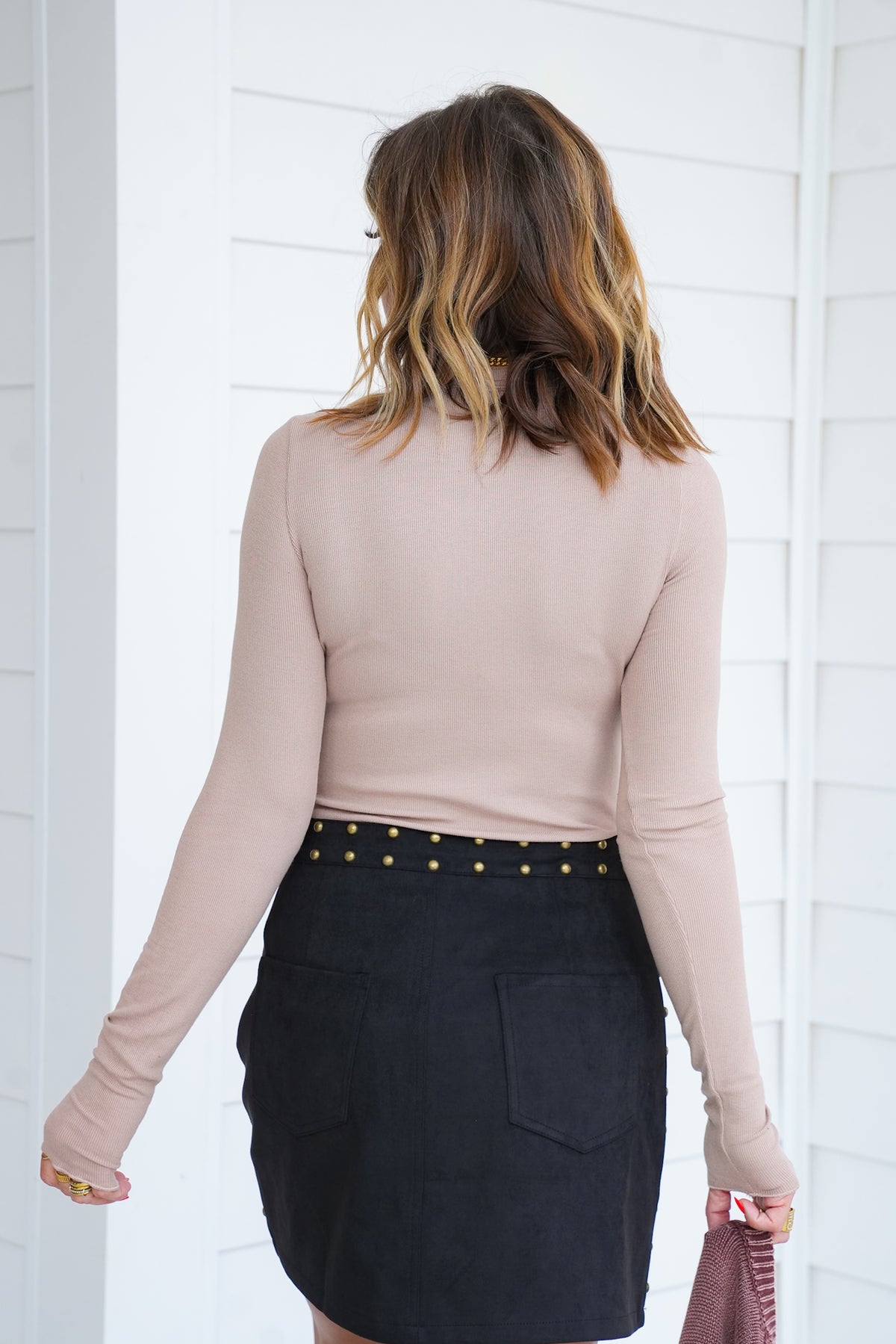 Round Neck Fitted Ribbed Knit Long Sleeve Top - Freckled Poppy