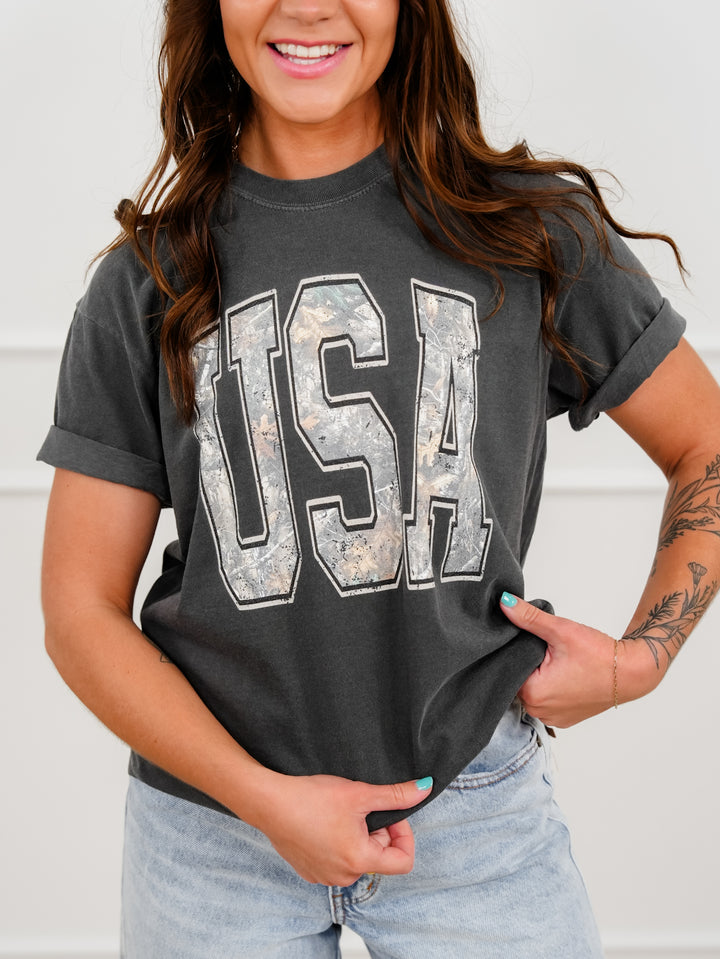 Plus/Reg Short Sleeve Camo "USA" Graphic Tee - Freckled Poppy